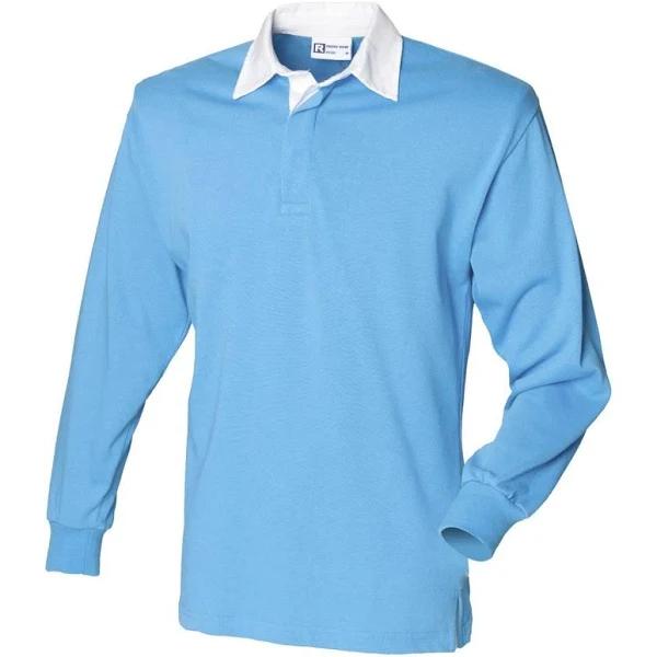 Front Row Long Sleeve Classic Rugby Polo Shirt Surf Blue/White 2XL