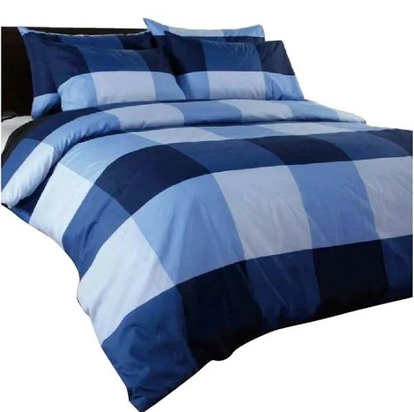 Microfibre Quilt Duvet Cover Set - Blue Check