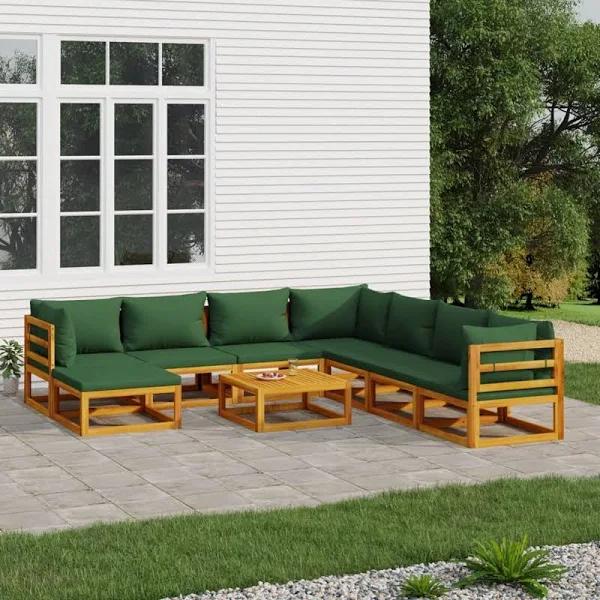 9 Piece Garden Lounge Set With Green Cushions Solid Wood vidaXL