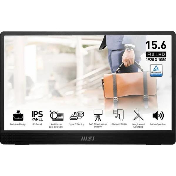 MSI Pro MP161 E2 15.6" FHD Portable Monitor 1920x1080 - IPS - Mini HDMI - 2x USB-C 15W - Anti-Glare - 0.75kg - with Ergonomically Designed Fold-Out