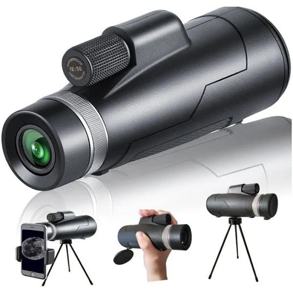 Chronus 12x50 High Definition Monocular Telescope with Smart Phone Stand and Tripod, Fmc Lens & Bak4 Prism (Black)