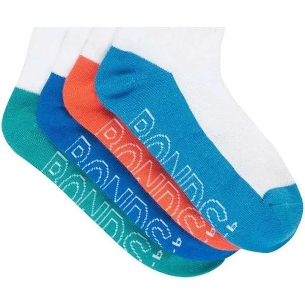 4 Pairs Bonds Kids Socks Boys Lightweight Low Cut White Blue Teal Orange 05K