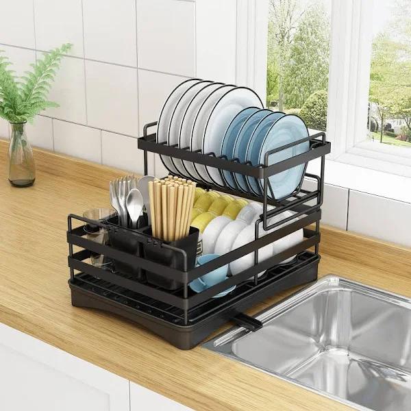 Viviendo 2 Tier Dish Drainer Kitchen Counter Dish Rack With Cutlery Holder, Drip Tray - Black