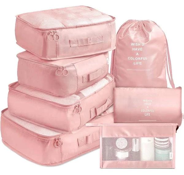 Packing Cubes VAGREEZ 7 Pcs Travel Luggage Packing Organizers Set With Toiletry Bag (Pink)