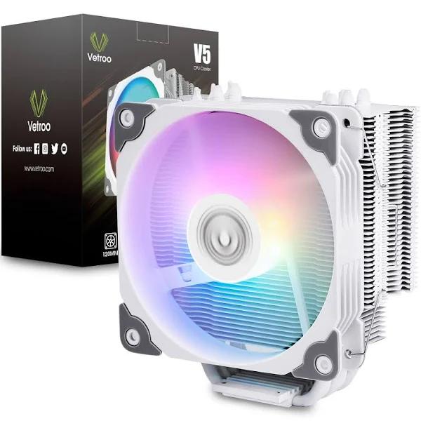 Vetroo V5 White CPU Cooler w/5 Heat Pipes 120mm ARGB PWM Processor 150W TDP Cooler For Intel LGA 1200/115X AMD AM4 w/Addressable RGB Lighting Sync