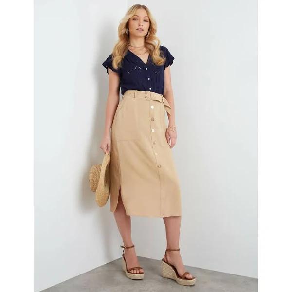 Rockmans Midi Length Button Curved Hem Belted Skirt - Size 16 - Womens - Latte