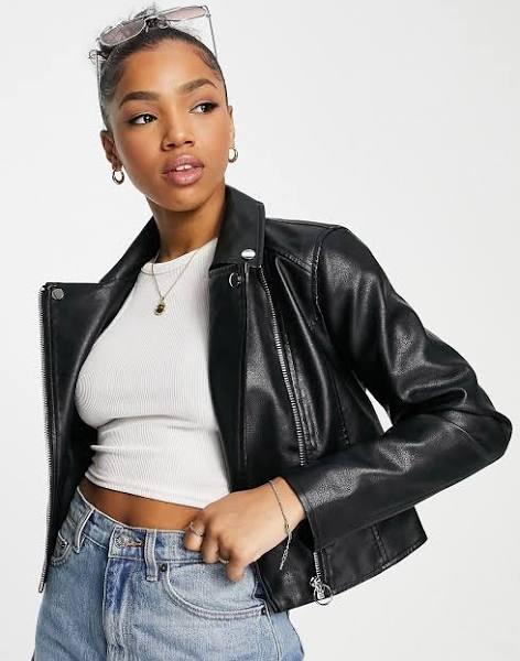 Miss Selfridge Petite Longline Faux Leather Biker Jacket in Black