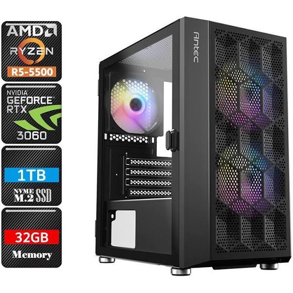 ATG 5500-RTX3060-32G1S-NX200MR-WO AMD Ryzen 5 5500 RTX 3060 RGB Gaming PC System, 32GB RAM/1TB NVMe SSD/Windows 11