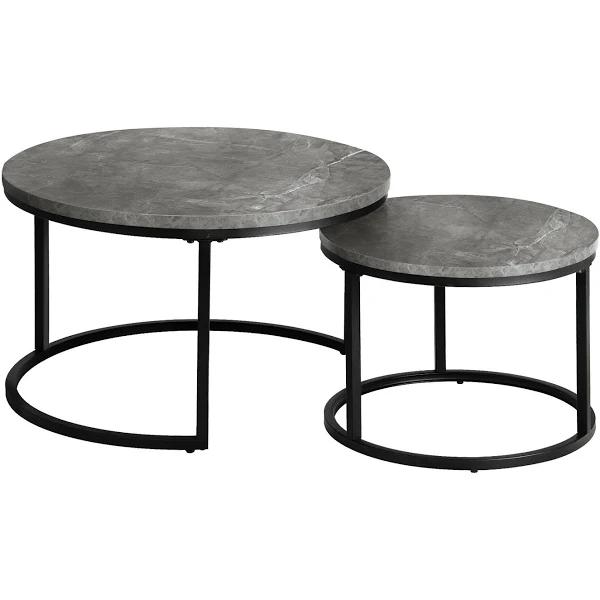 Oikiture Set of 2 Coffee Table Round Marble Nesting Grey & Black