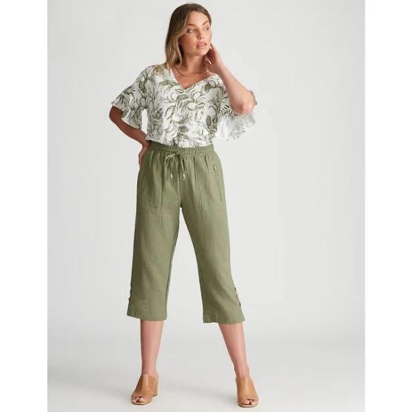 Rockmans Crop Linen Button Pants - Size 16 - Womens - Olivine