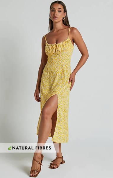 Willa Midi Dress - Ruched Bust Thigh Split Dress in Yellow Floral