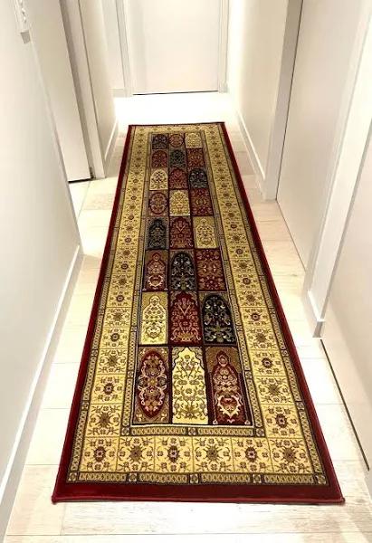 Sydney Traditional Panel Pattern Rug Burgundy, 400X80CM