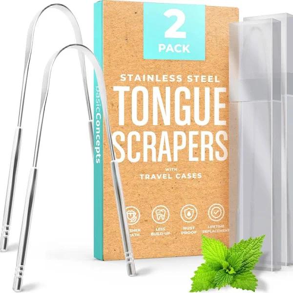 Tongue Scraper with Cases (2 Pack), Reduce Bad Breath in Seconds, 304 Stainless Steel Tongue Cleaners, Metal Tounge Scrappers, Tongue Scraper