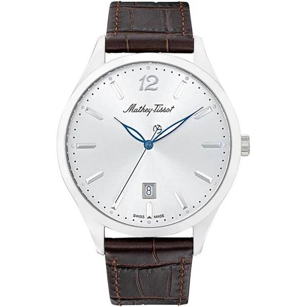 Mathey-Tissot Urban Silver Dial Men's Watch H411AS, Quartz Movement, Leather Strap, 42 mm Case in Blue / Brown / Silver