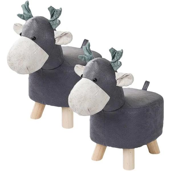 SOGA 2x Grey Children Bench Deer Character Round Ottoman Stool Soft Small Comfy Seat Home Decor