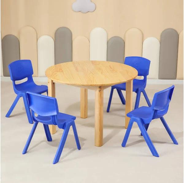 80cm Round Wooden Kids Table and 4 Blue Chairs Set Pinewood Timber Childrens Desk