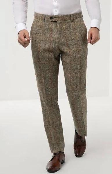 Harris Tweed Mens Brown Suit Trousers Regular Fit 100% Wool Windowpane Check AU Size 32 - AfterPay & zipPay Available