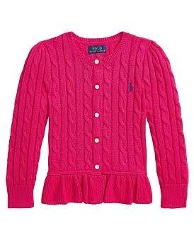 David Jones Polo Ralph Lauren Cable-Knit Cotton Peplum Cardigan (5-7) in Sport Pink, Size 5 Y