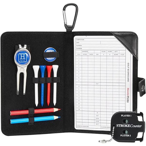 Handy Picks Golf Scorecard Holder N Yardage Book Cover in Genuine Leather - Divot Repair Tool, Ball Marker, Golf Tees, Pencil N Scorecards, Scorer