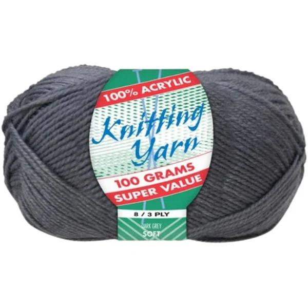 Dark Grey Knitting Wool Yarn 100g 8 Ply 1 Roll 100% Acrylic