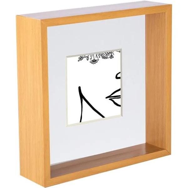 Nicola Spring 3D Deep Box Photo Frame - 8 x 8" With 4 x 4" Mount - Light Wood/White