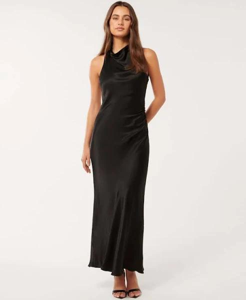 Forever New Michelle Open Back Satin Maxi Dress in Black