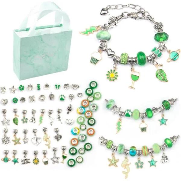 Jewellery Bracelet Making Kit DIY 63 Piece Green Charms & Beads in Gift Box