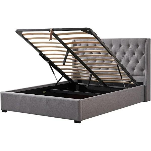 Foret Bed Frame King Gas Lift Storage Base Bedroom Furniture Fabric Grey Gray - AfterPay & zipPay Available