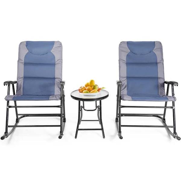 Costway Outdoor Rocking Chairs Set Patio Furniture Lounge Setting Glass Side Table Garden Bistro Yard Blue