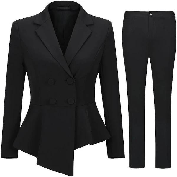 Enriching The People Allthemen Womens 2-Piece Business Professional Office Lady Double Breasted Asymmetric Slim Fit Suit (Blazer + Pants) Black M