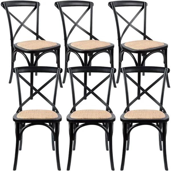 Aster Crossback Dining Chair Set of 6 Solid Birch Timber Wood Ratan Seat - Black