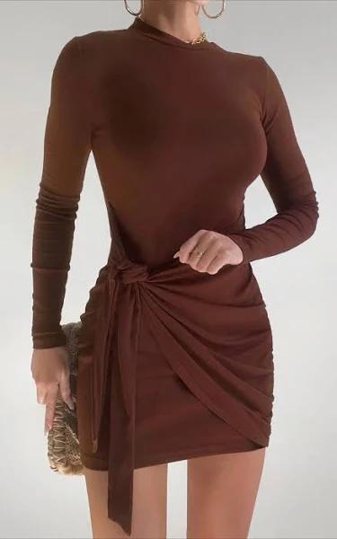 Marleen Mini Dress - Wrap Front Long Sleeve Bodycon Dress in Dark Oak - Showpo Basic Dresses | Summer Outfits | Cyber Monday Sale