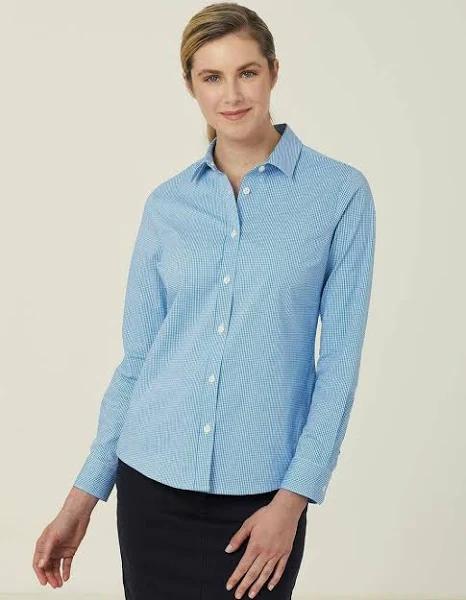 NNT Womens Avignon Gingham Business Shirts Long Sleeve Check Formal Shirt CATUKS 10 / Cyan/White