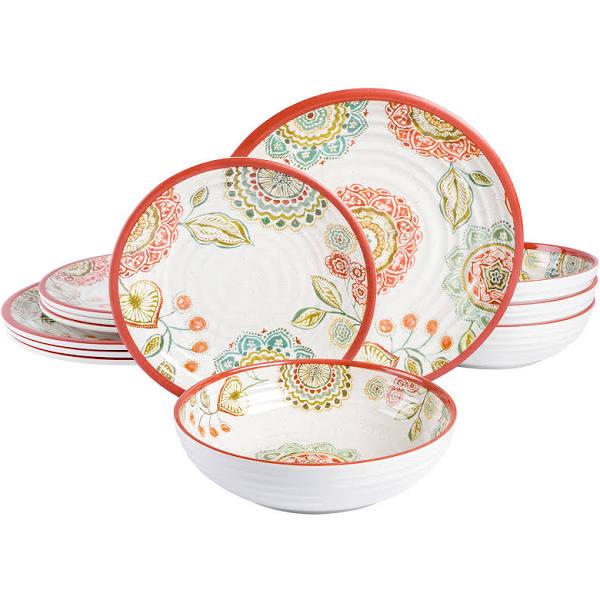 Gibson Home Mauna Melamine Dinnerware Set, Service For 4 (12pcs), Brick Floral