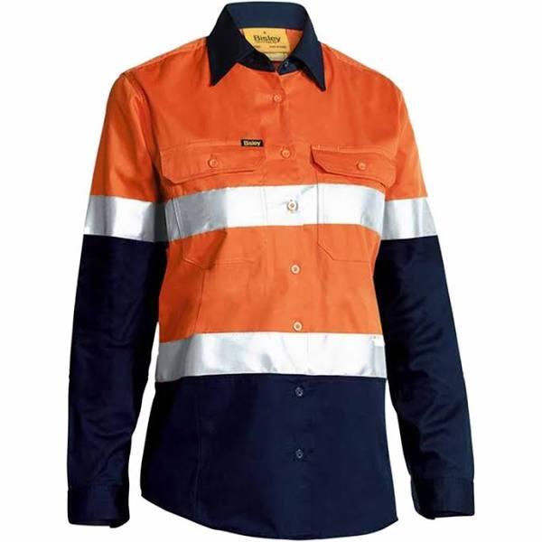 Bisley Ladies Hi Vis Lightweight Taped Drill Shirt BL6896 (Orange/Navy, 18)