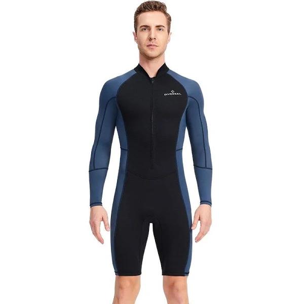 Mr Dive 1.5mm Men Long Sleeve Shorty Swimsuit Front Zip Diving Suits-Dark Blue - M - AfterPay & zipPay Available