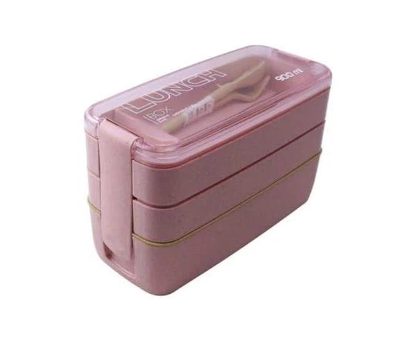 900ml 3 Layers Bento Box Lunch Box Food Container Wheat Straw Material Microwavable Dinnerware Lunchbox(pink)