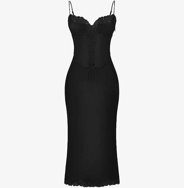 House of CB Salma Satin Slip Dress in Black L