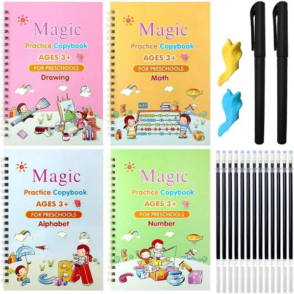 4 Pcs Magic Practice Copybook For Kids,Children Reusable Handwriting Practice Copybooks For Preschools Magic Workbook Letter Grooved Writing Books