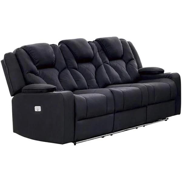 Electric Recliner Stylish Rhino Fabric Black Couch 3 Seater Lounge With LED Features