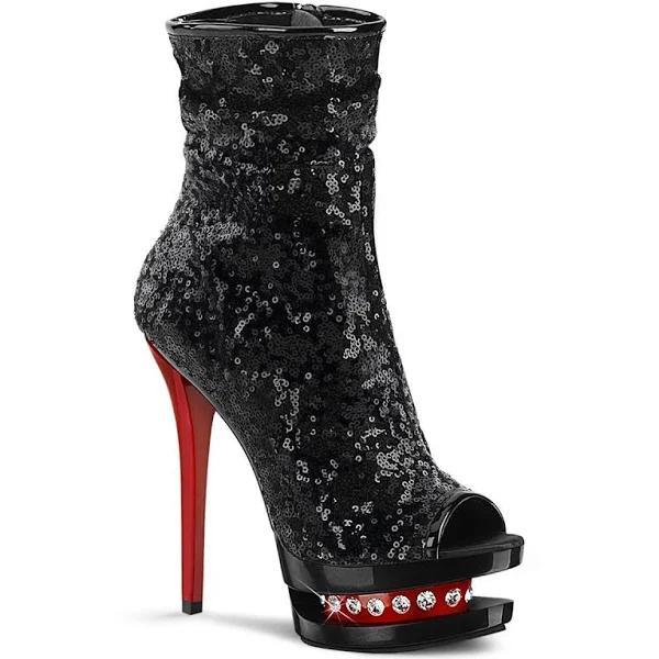 Pleaser BLONDIE-R-1008 Black Sequins/Black-Red Ankle Boot Size 6