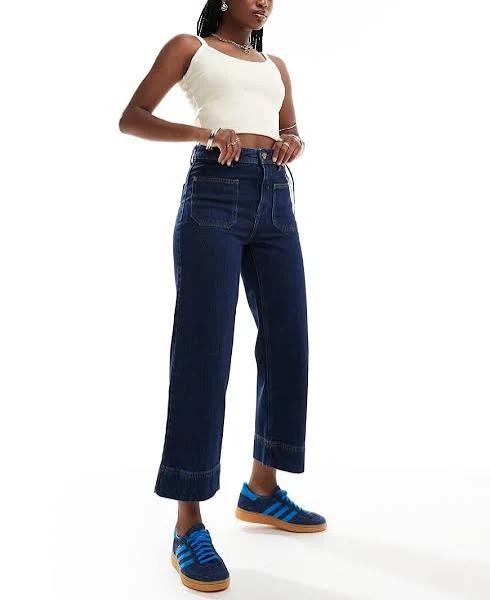 River Island Wide Leg Crop Jeans in midwash Blue