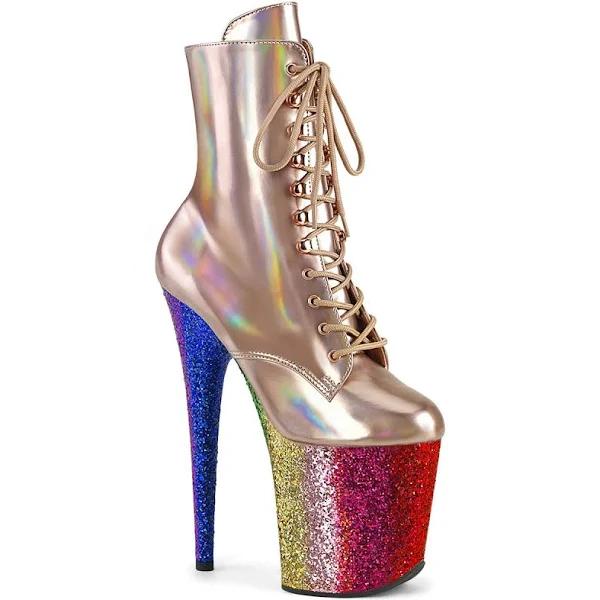 Pleaser FLAMINGO-1020HG Rose Gold Holo Patent/Rainbow Glitter Size 12