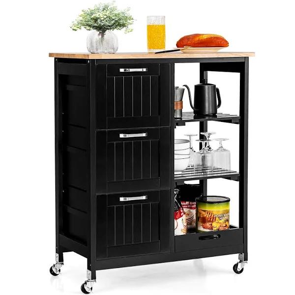 Giantex Mobile Kitchen Island Rolling Cart w/Rubber Wood Countertop & 3 Drawers Lockable Steel Casters Serving Trolley Black