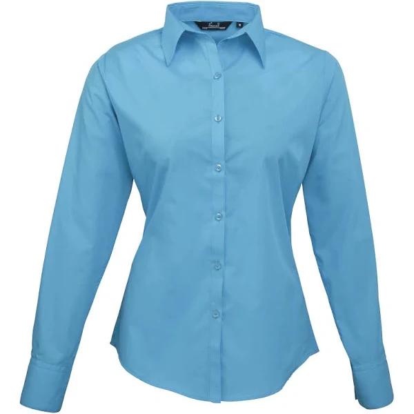 Premier Womens/Ladies Poplin Long Sleeve Blouse / Plain Work Shirt Turquoise 16