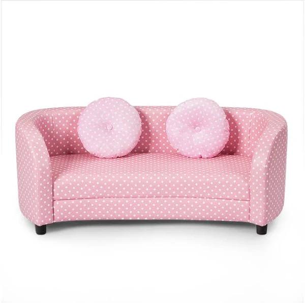 Costway Double Polka Dots Kids Chair Children Lounge Upholstered Couch Wood Armchair w/2 Cushions Birthday Gift Playroom Living Room Pink