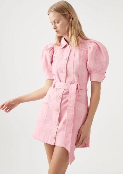 Aje Flora Denim Puff Sleeve Mini Dress in Colour Bon Bon Pink Size 10