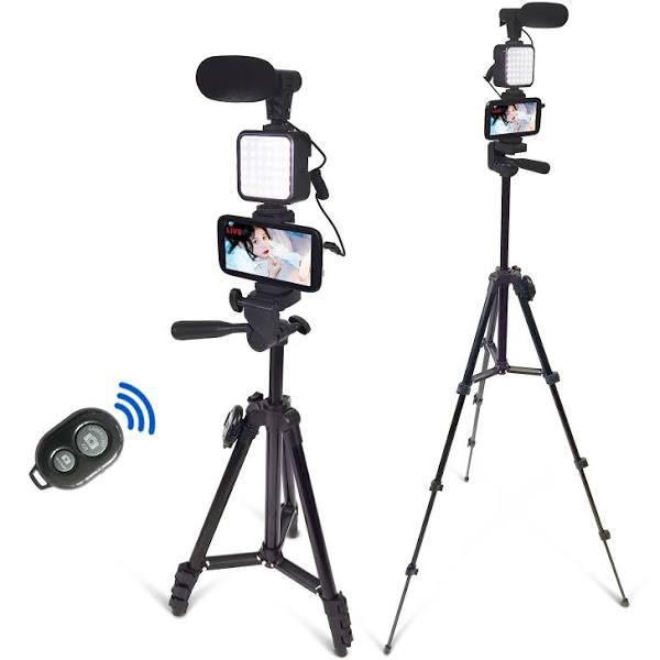 Smartphone Video Kit, Vlogging Kit, Youtuber Kit, with Microphone Light Tripod 50" Extendable Phone Clip Remote Control Compatible with iPhone