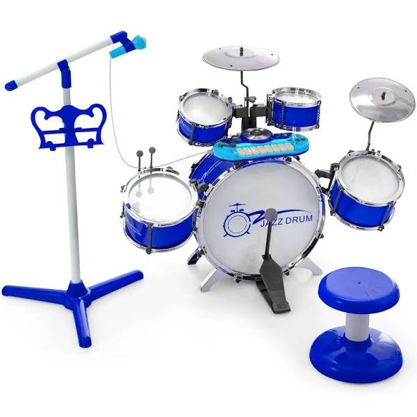 Costway Kids 10pc Drum Set Keyboard Cymbal Jazz Instrument Musical Play Toys w/Microphone Stool&Pedal Blue