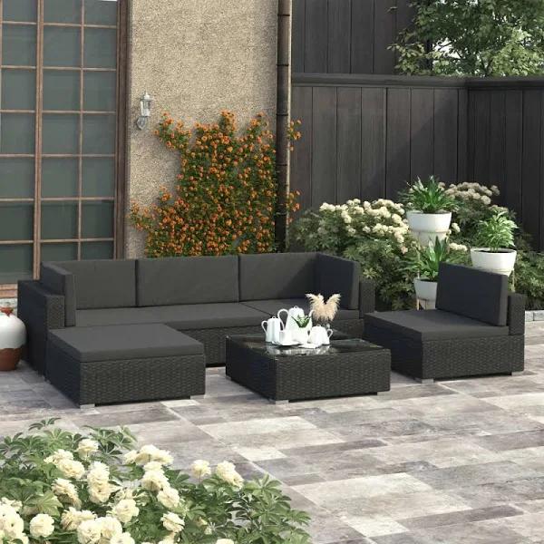 vidaXL - 6 Piece Garden Lounge Set with Cushions Poly Rattan - Black